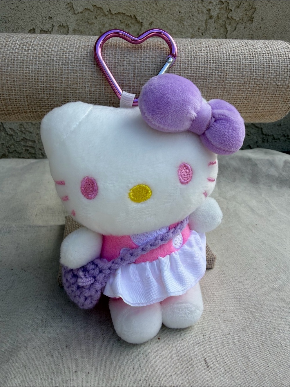New Handmade Hello Kitty White Plush Purse Keychain with Purple Bow & Pink Dress